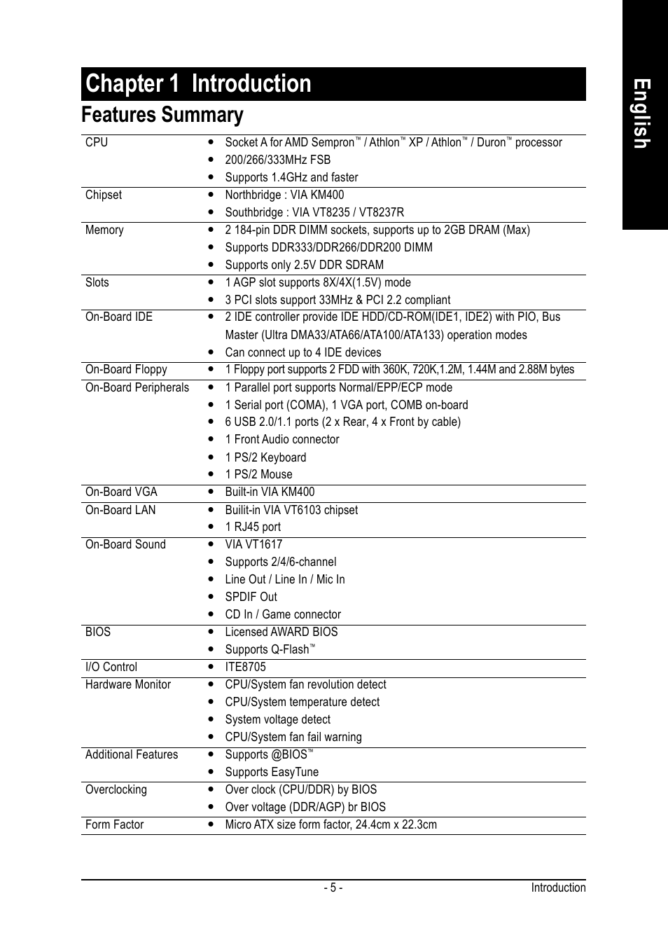 Chapter 1 introduction, English features summary | GIGABYTE 7VM400M-RZ User Manual | Page 5 / 36
