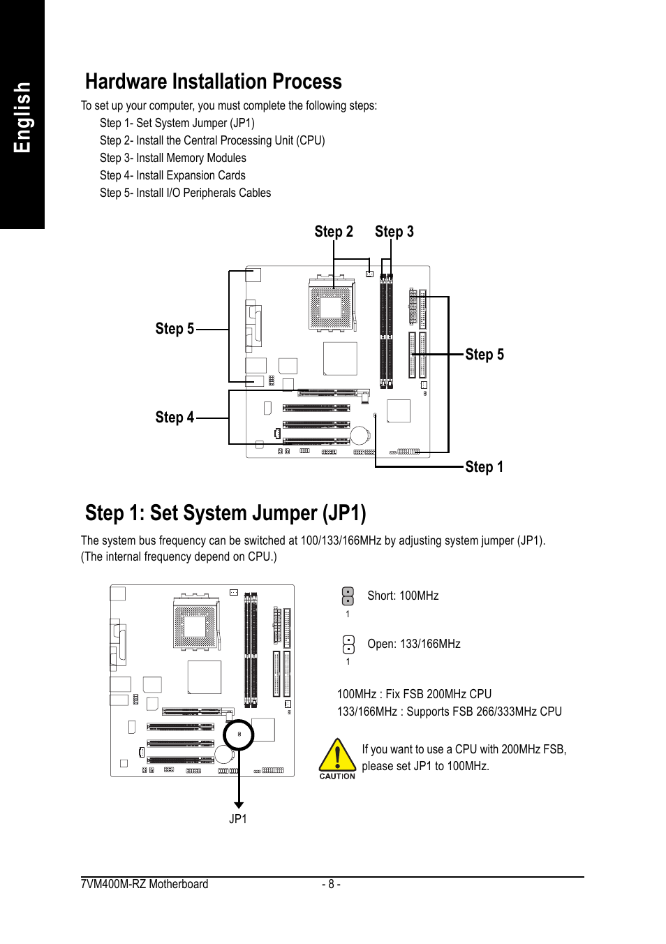 English hardware installation process, Step 1: set system jumper (jp1) | GIGABYTE 7VM400M-RZ User Manual | Page 8 / 36