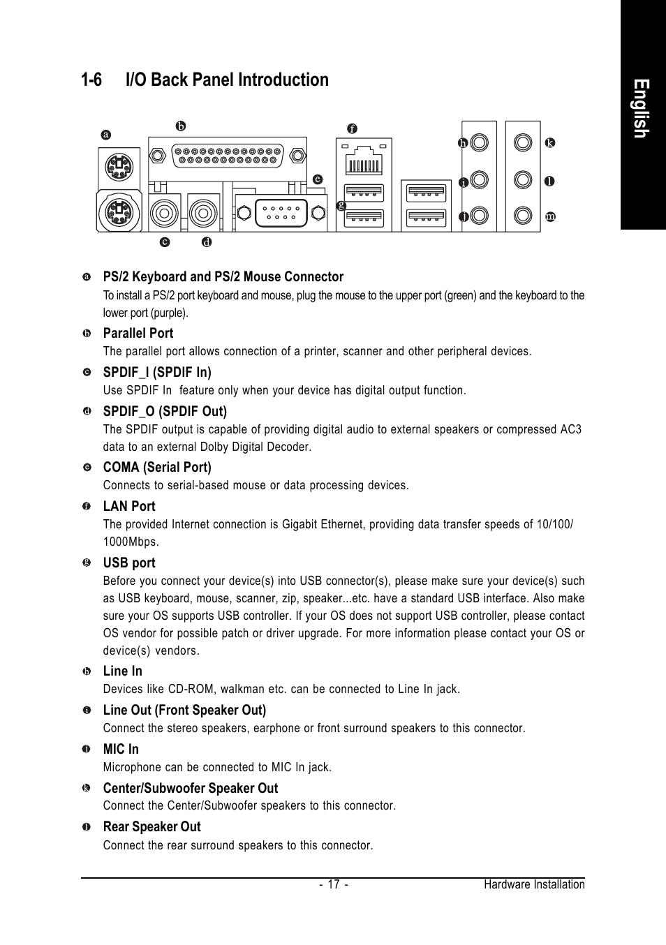 English, 6 i/o back panel introduction | GIGABYTE GA-K8NF-9 User Manual | Page 17 / 88