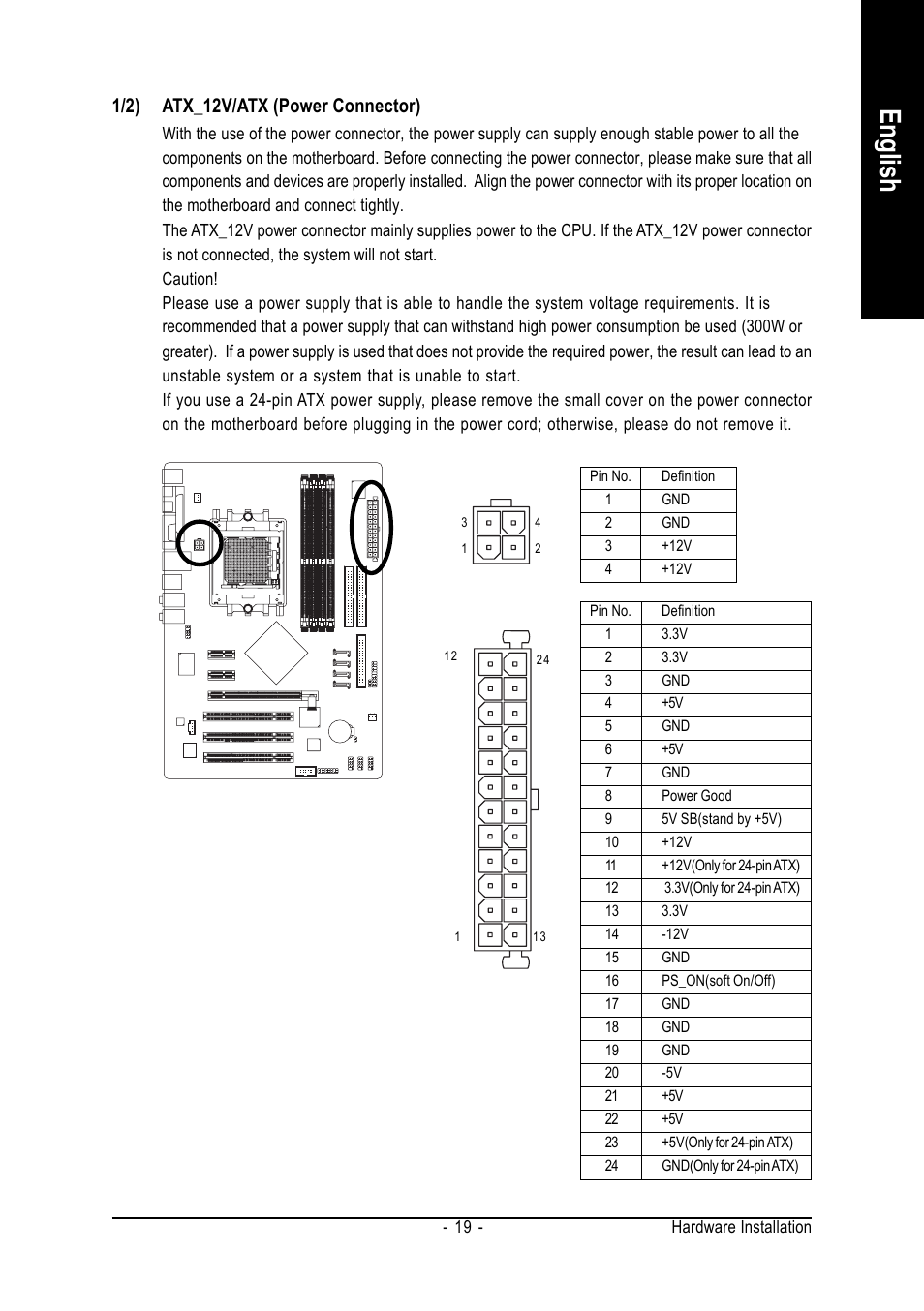 English, 1/2) atx_12v/atx (power connector) | GIGABYTE GA-K8NF-9 User Manual | Page 19 / 88