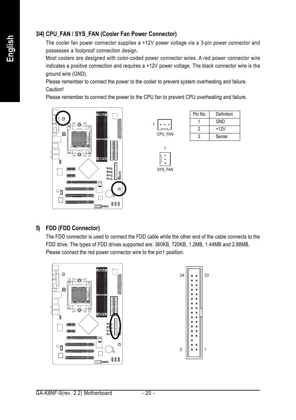 English, 5) fdd (fdd connector) | GIGABYTE GA-K8NF-9 User Manual | Page 20 / 88