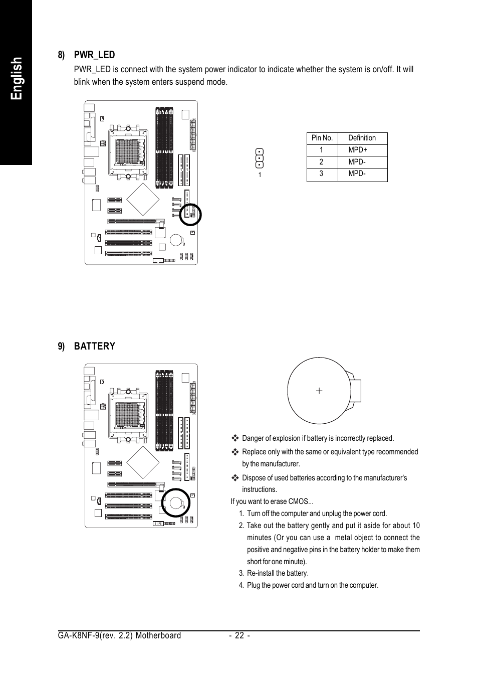 English, 8) pwr_led, 9) battery | GIGABYTE GA-K8NF-9 User Manual | Page 22 / 88