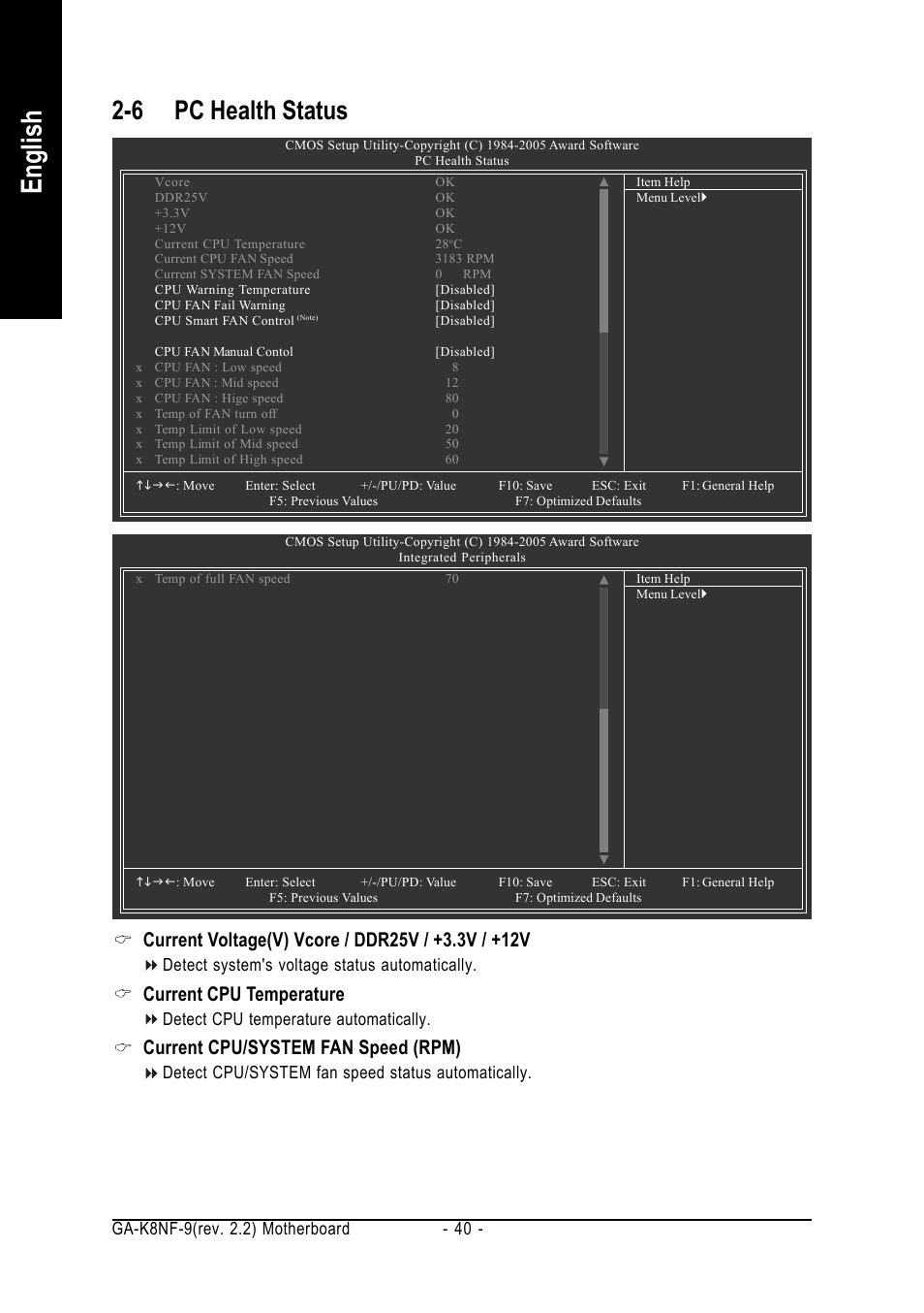 English, 6 pc health status, Current cpu temperature | Current cpu/system fan speed (rpm), Detect system's voltage status automatically, Detect cpu temperature automatically, Detect cpu/system fan speed status automatically | GIGABYTE GA-K8NF-9 User Manual | Page 40 / 88