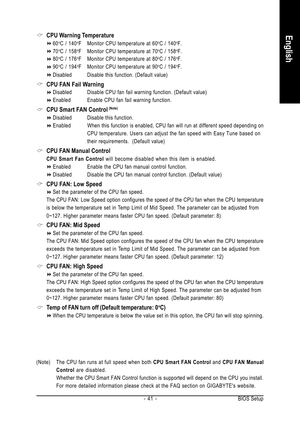 English, Cpu warning temperature, Cpu fan fail warning | Cpu smart fan control, Cpu fan manual control, Cpu fan: low speed, Cpu fan: mid speed, Cpu fan: high speed, Temp of fan turn off (default temperature: 0 | GIGABYTE GA-K8NF-9 User Manual | Page 41 / 88