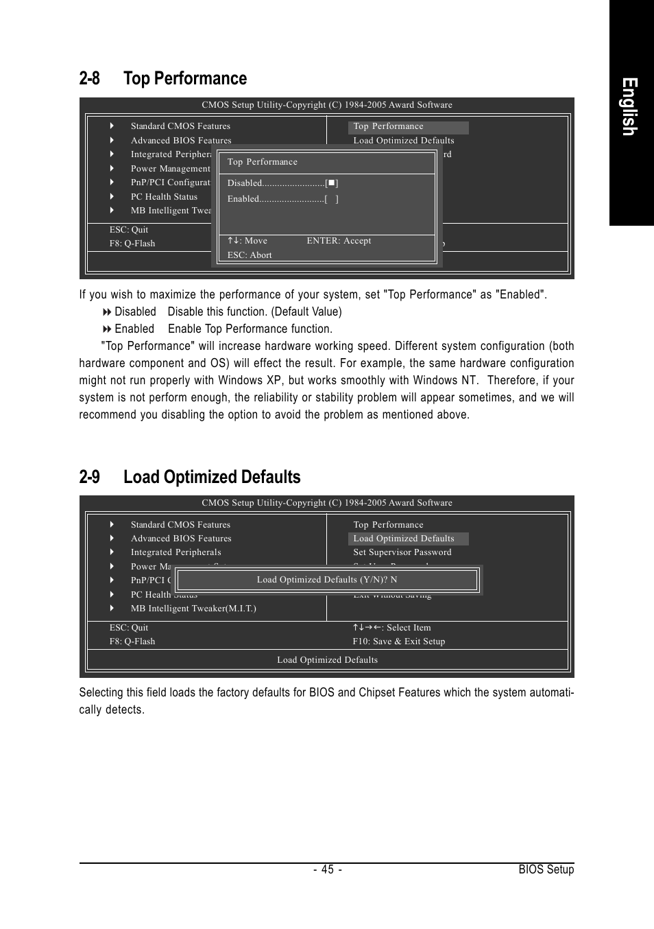 English, 8 top performance, 9 load optimized defaults | GIGABYTE GA-K8NF-9 User Manual | Page 45 / 88