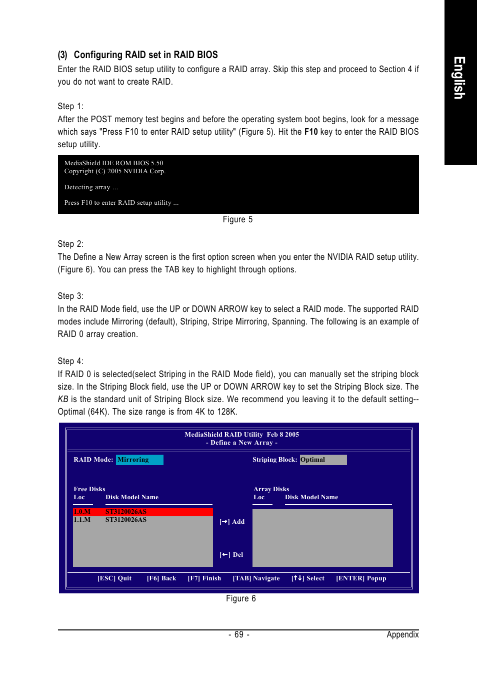 English, 3) configuring raid set in raid bios | GIGABYTE GA-K8NF-9 User Manual | Page 69 / 88