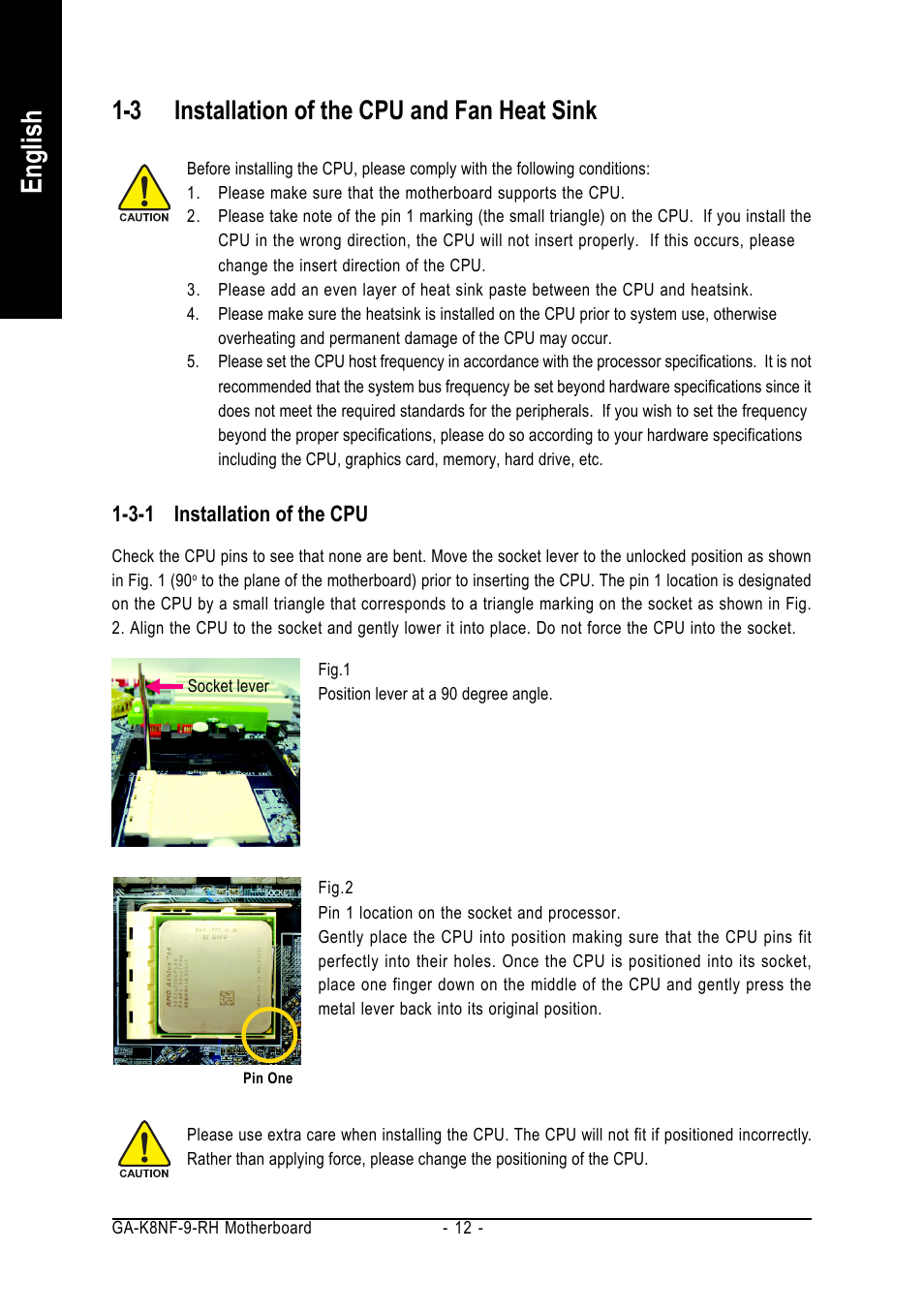 English, 3 installation of the cpu and fan heat sink | GIGABYTE AMD Socket 939 Processor Motherboard GA-K8NF-9-RH User Manual | Page 12 / 88