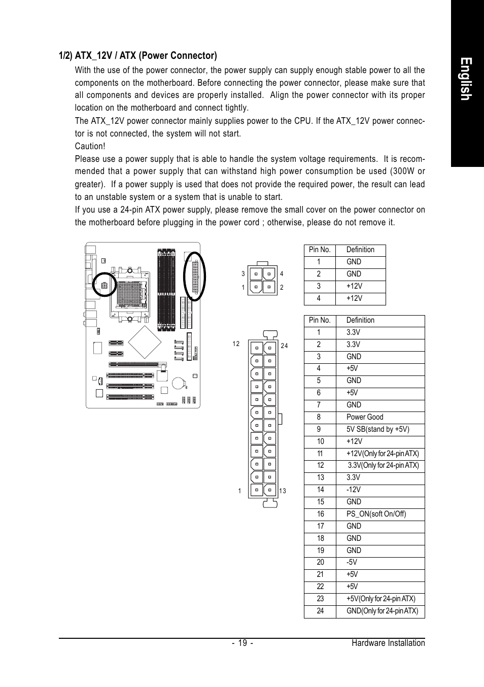 English, 1/2) atx_12v / atx (power connector) | GIGABYTE AMD Socket 939 Processor Motherboard GA-K8NF-9-RH User Manual | Page 19 / 88