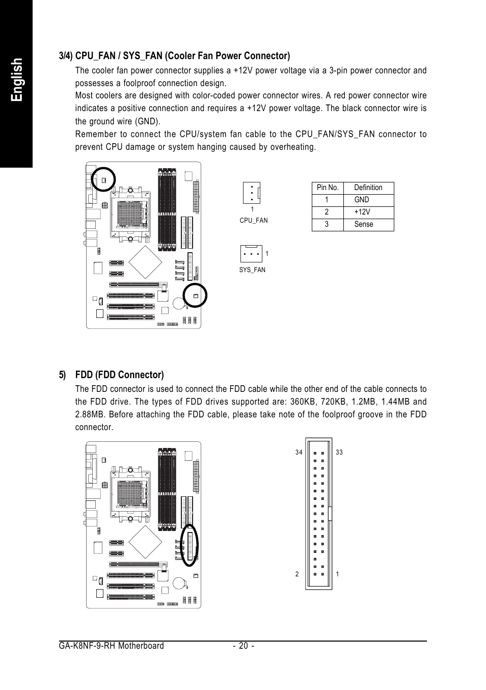 English, 5) fdd (fdd connector) | GIGABYTE AMD Socket 939 Processor Motherboard GA-K8NF-9-RH User Manual | Page 20 / 88