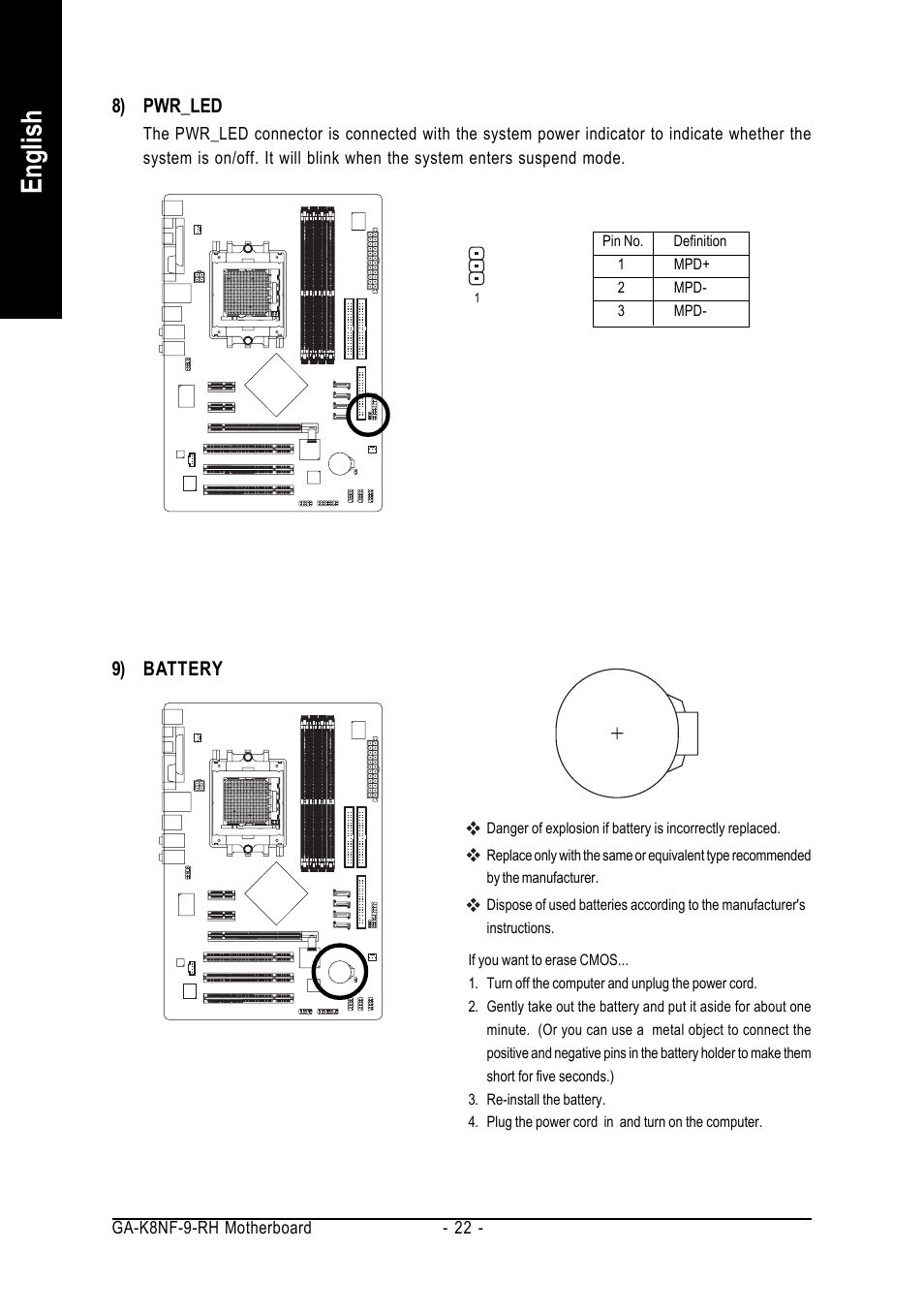 English, 8) pwr_led, 9) battery | GIGABYTE AMD Socket 939 Processor Motherboard GA-K8NF-9-RH User Manual | Page 22 / 88