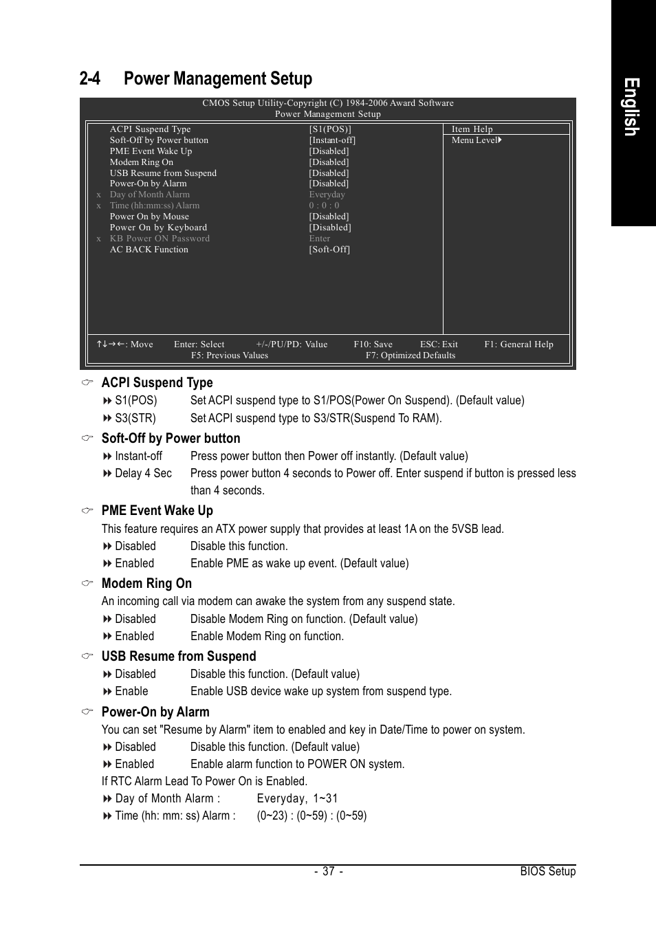 English, 4 power management setup, Acpi suspend type | Soft-off by power button, Pme event wake up, Modem ring on, Usb resume from suspend, Power-on by alarm | GIGABYTE AMD Socket 939 Processor Motherboard GA-K8NF-9-RH User Manual | Page 37 / 88