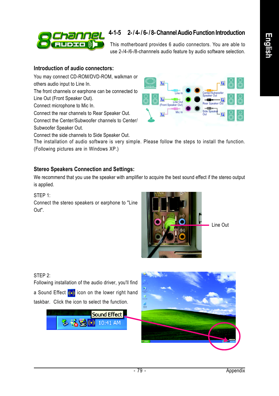 English, Stereo speakers connection and settings, Introduction of audio connectors | GIGABYTE AMD Socket 939 Processor Motherboard GA-K8NF-9-RH User Manual | Page 79 / 88