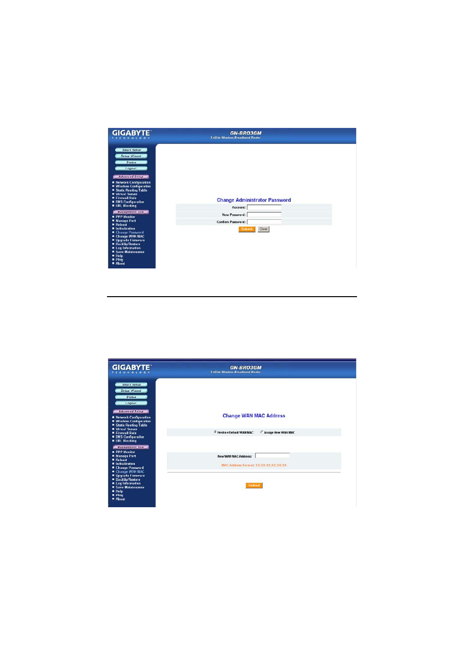 The change wan mac screen | GIGABYTE AirCruiser MIMO GN-BR03GM User Manual | Page 46 / 80