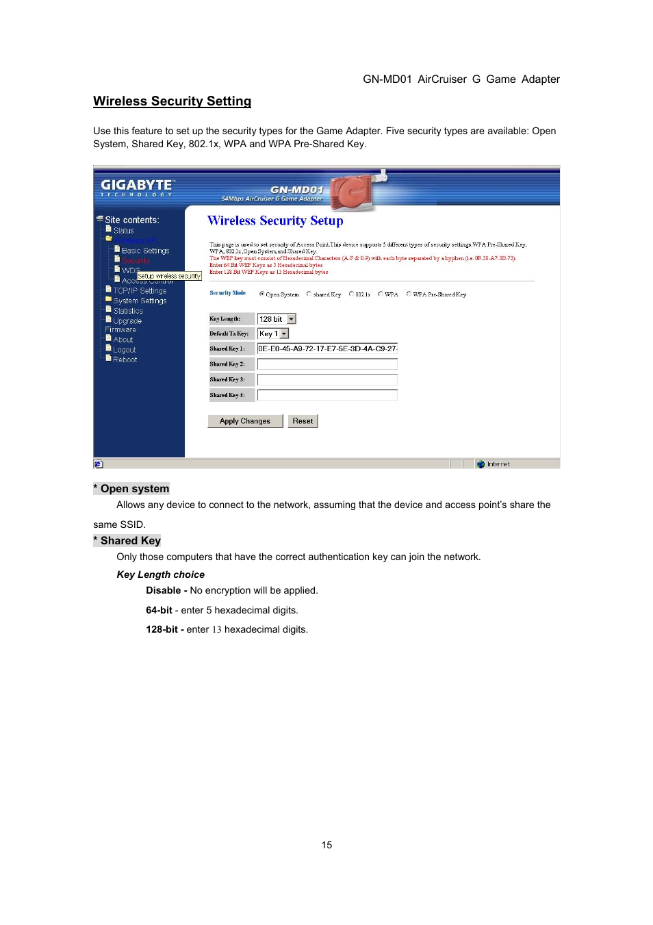 Wireless security setting | GIGABYTE GN-MD01 User Manual | Page 18 / 64