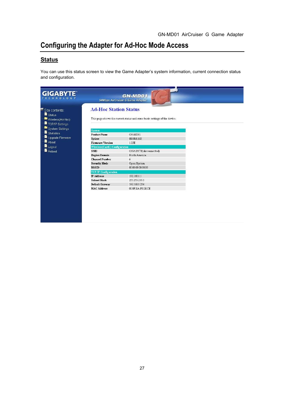 Configuring the adapter for ad-hoc mode access | GIGABYTE GN-MD01 User Manual | Page 30 / 64
