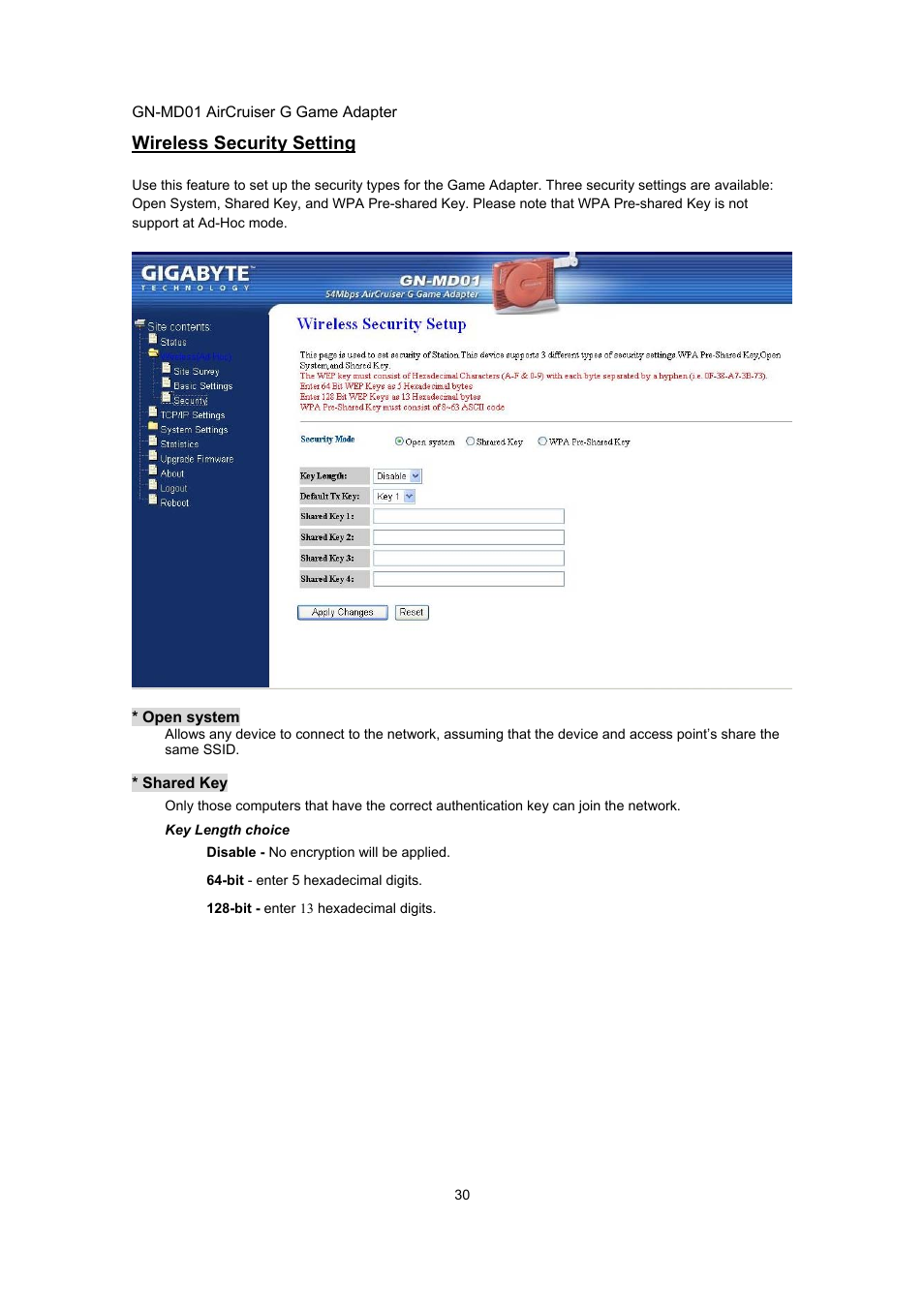 Wireless security setting | GIGABYTE GN-MD01 User Manual | Page 33 / 64