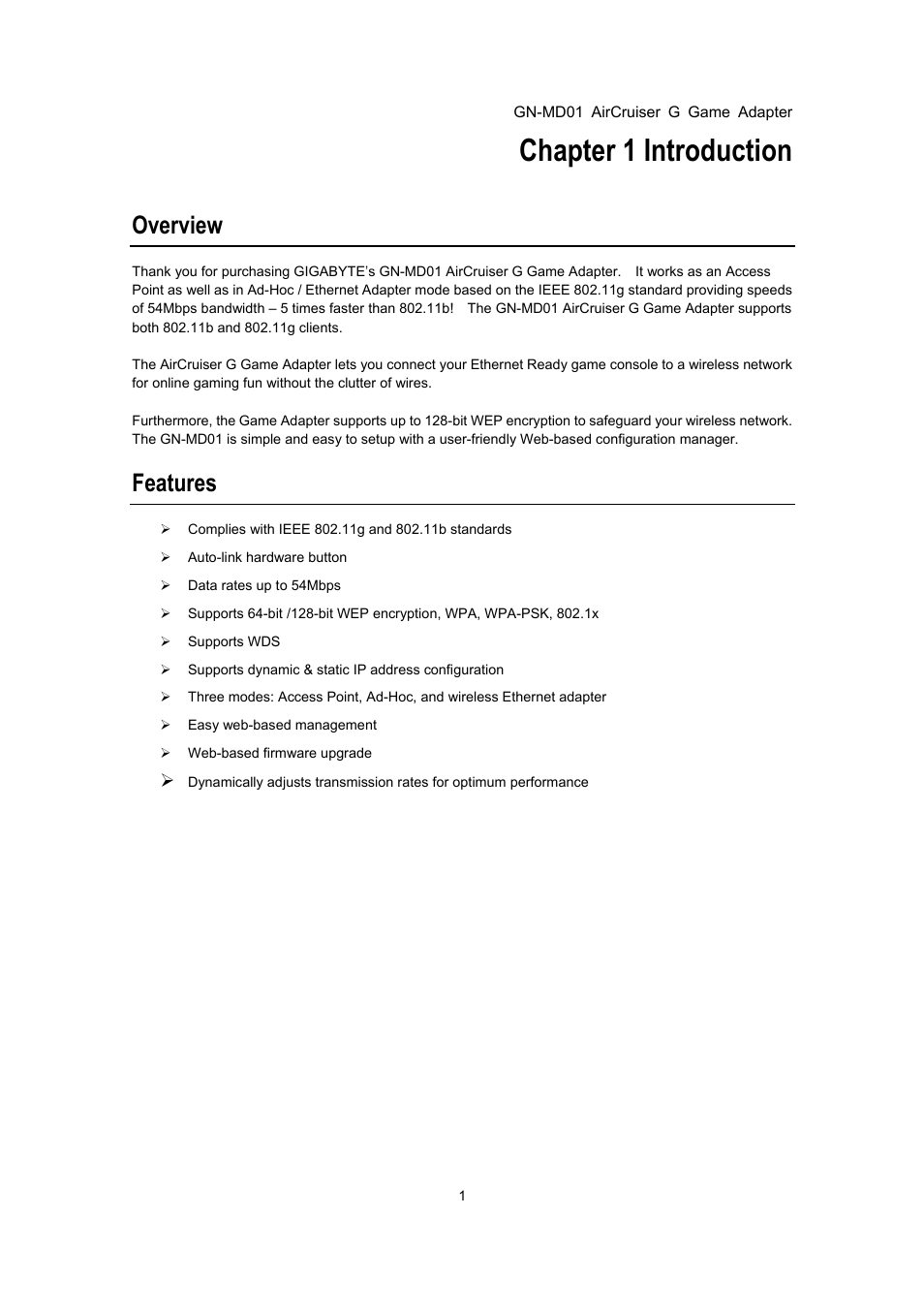 Chapter 1 introduction, Overview, Features | GIGABYTE GN-MD01 User Manual | Page 4 / 64