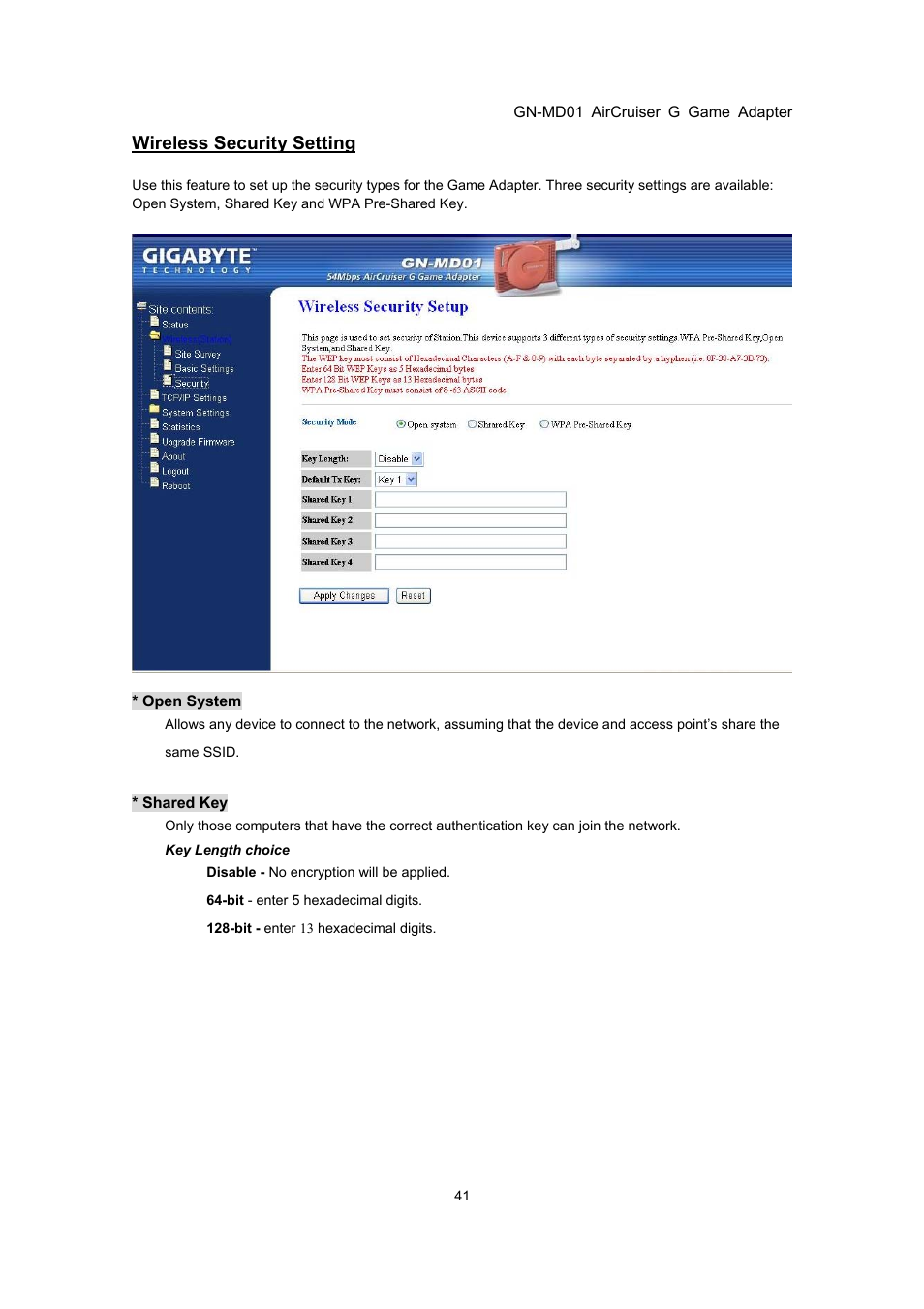 Wireless security setting | GIGABYTE GN-MD01 User Manual | Page 44 / 64