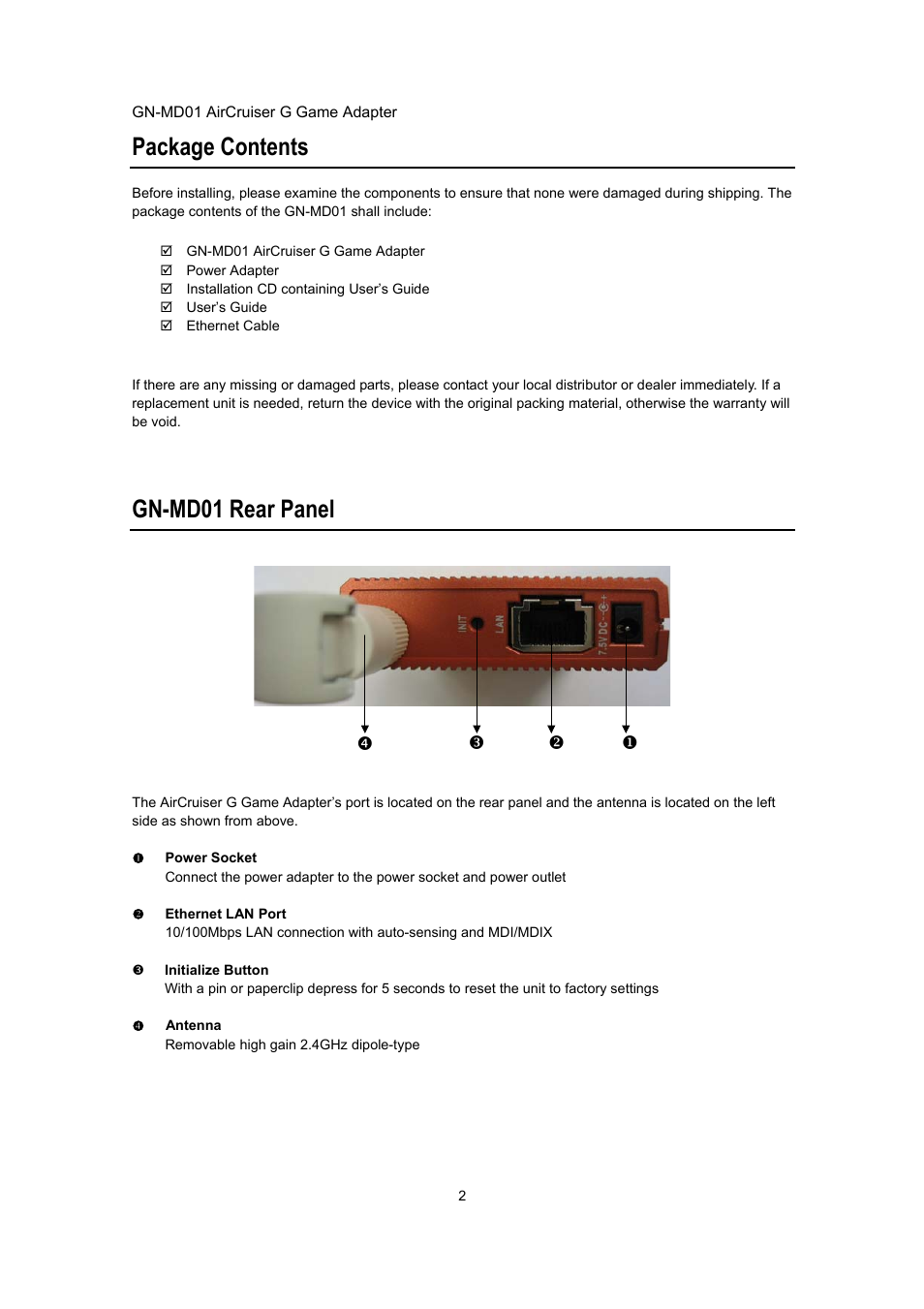 Package contents, Gn-md01 rear panel | GIGABYTE GN-MD01 User Manual | Page 5 / 64