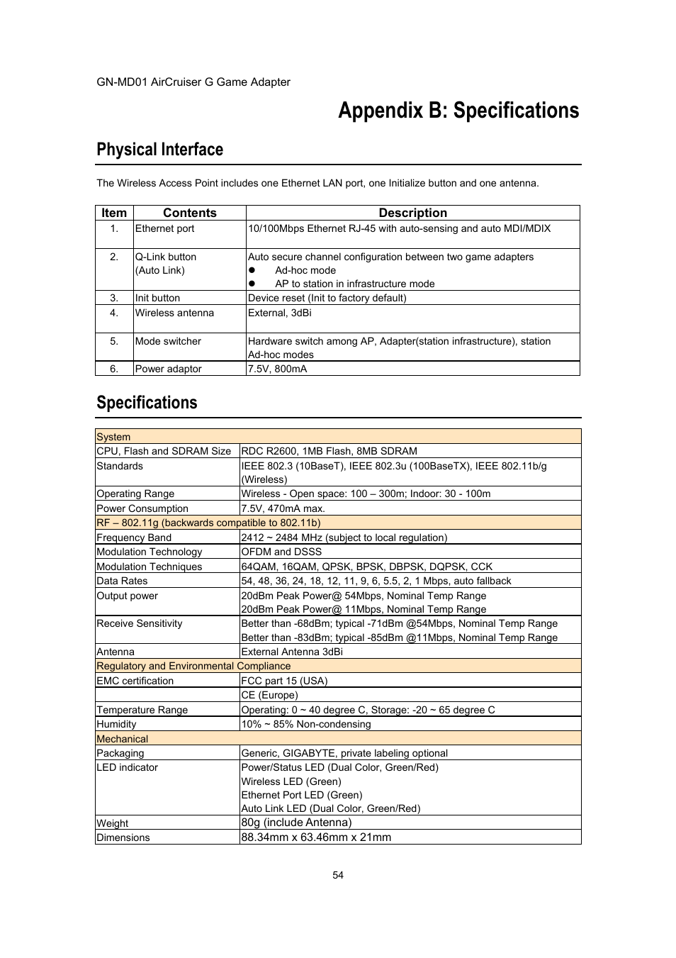 Appendix b: specifications, Physical interface specifications, Physical interface | Specifications | GIGABYTE GN-MD01 User Manual | Page 57 / 64