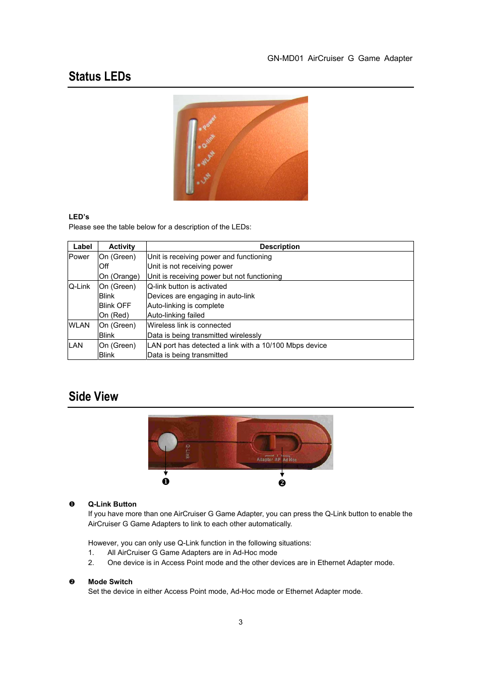 Status leds side view, Status leds, Side view | GIGABYTE GN-MD01 User Manual | Page 6 / 64