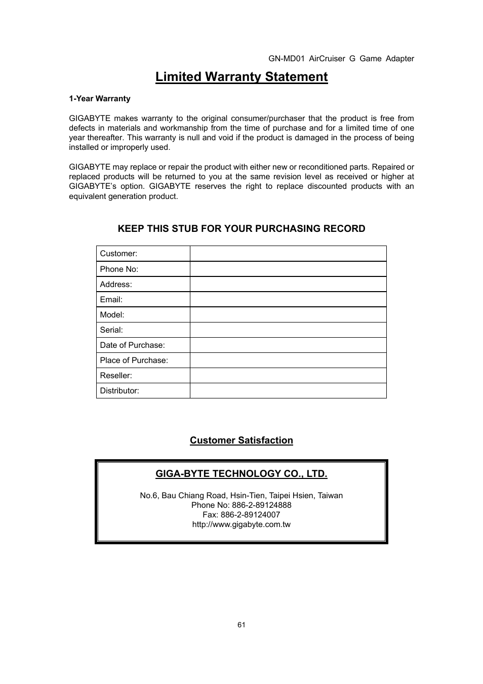 Limited warranty statement | GIGABYTE GN-MD01 User Manual | Page 64 / 64