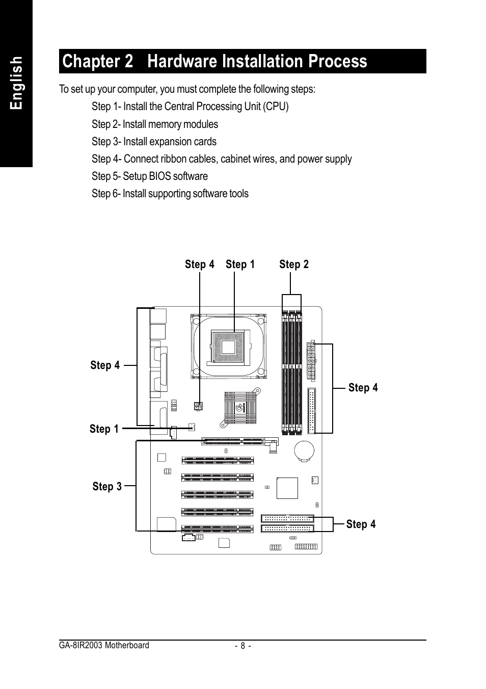 Chapter 2 hardware installation process, English | GIGABYTE GA-8IR2003 User Manual | Page 12 / 96