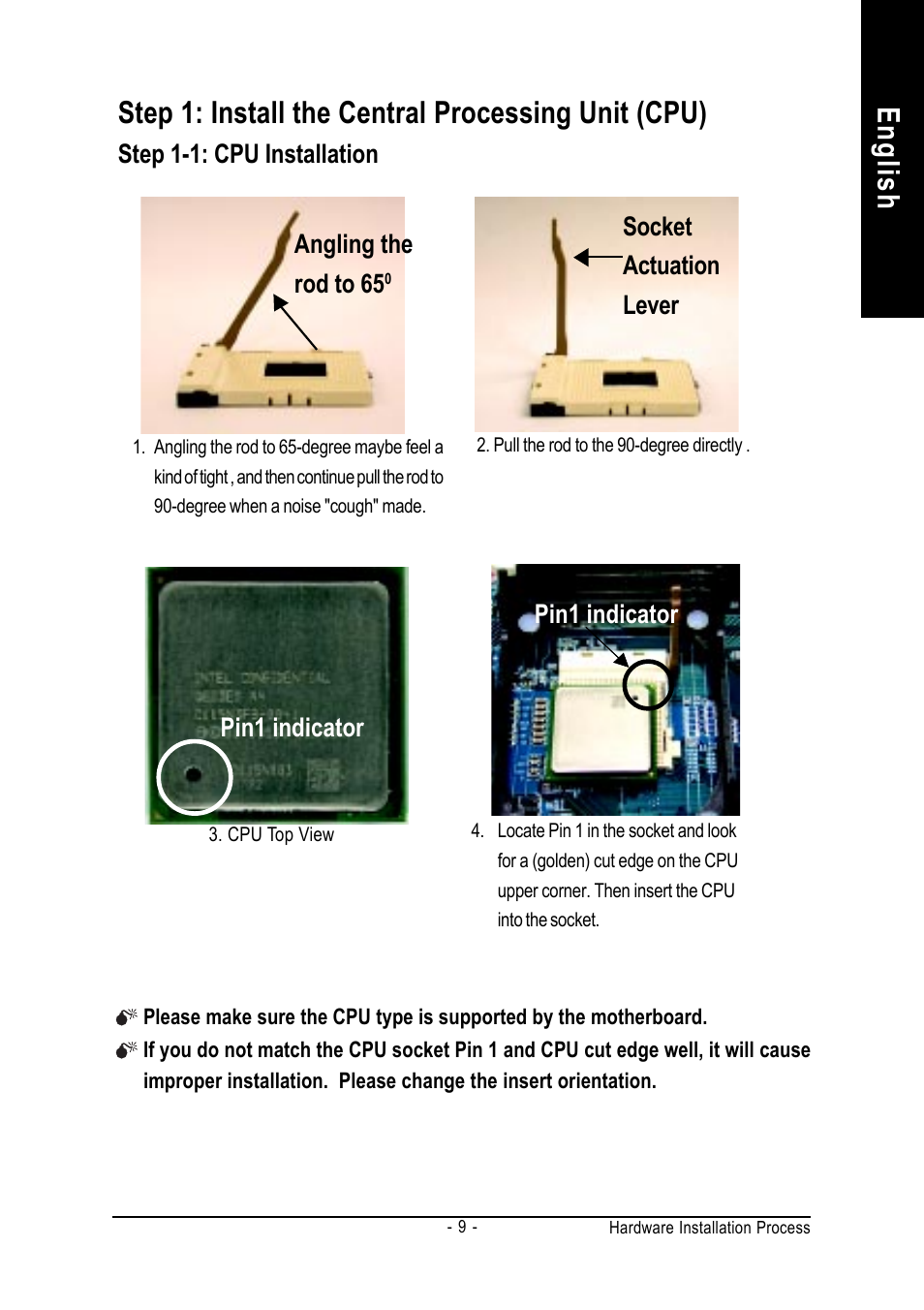 English, Step 1: install the central processing unit (cpu), Step 1-1: cpu installation | Angling the rod to 65, Pin1 indicator, Socket actuation lever | GIGABYTE GA-8IR2003 User Manual | Page 13 / 96