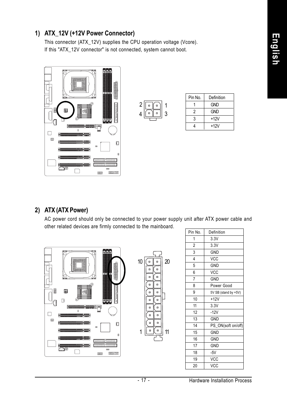 English, 2) atx (atx power) | GIGABYTE GA-8IR2003 User Manual | Page 21 / 96