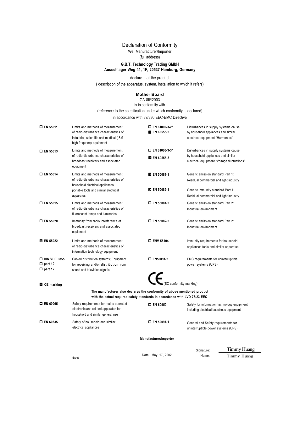 Declaration of conformity, Timmy huang | GIGABYTE GA-8IR2003 User Manual | Page 3 / 96