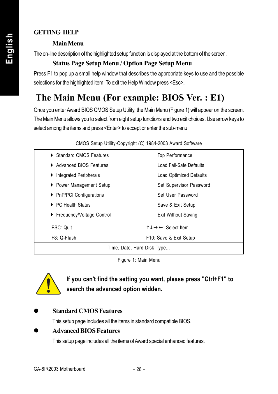 English, The main menu (for example: bios ver. : e1) | GIGABYTE GA-8IR2003 User Manual | Page 32 / 96