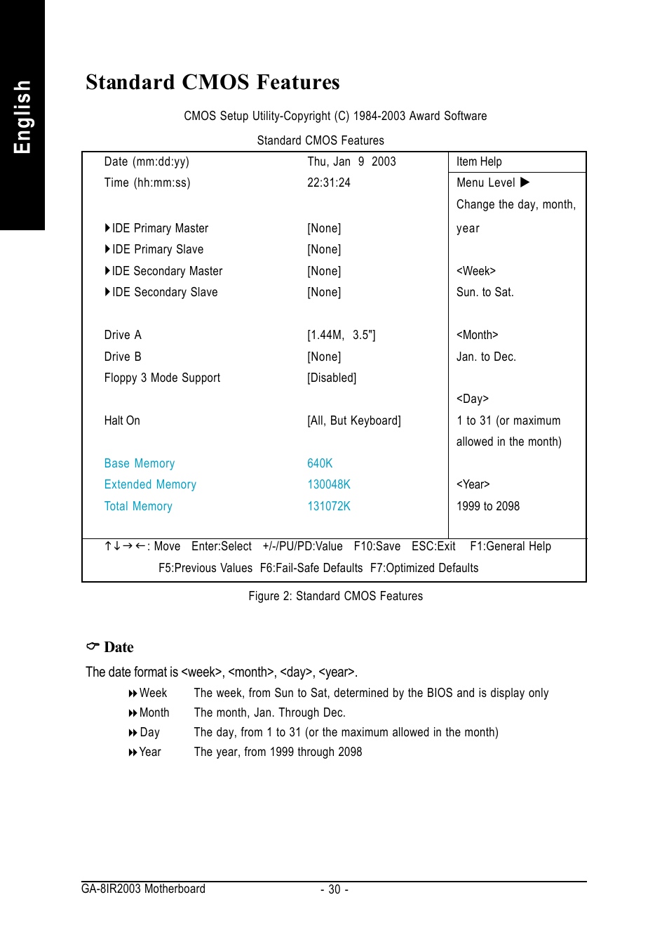English standard cmos features | GIGABYTE GA-8IR2003 User Manual | Page 34 / 96