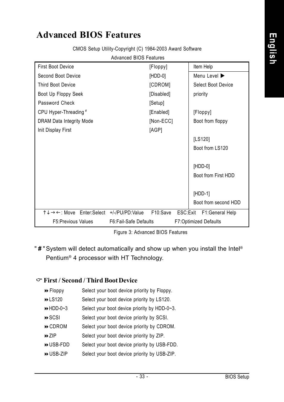 English, Advanced bios features, First / second / third boot device | GIGABYTE GA-8IR2003 User Manual | Page 37 / 96