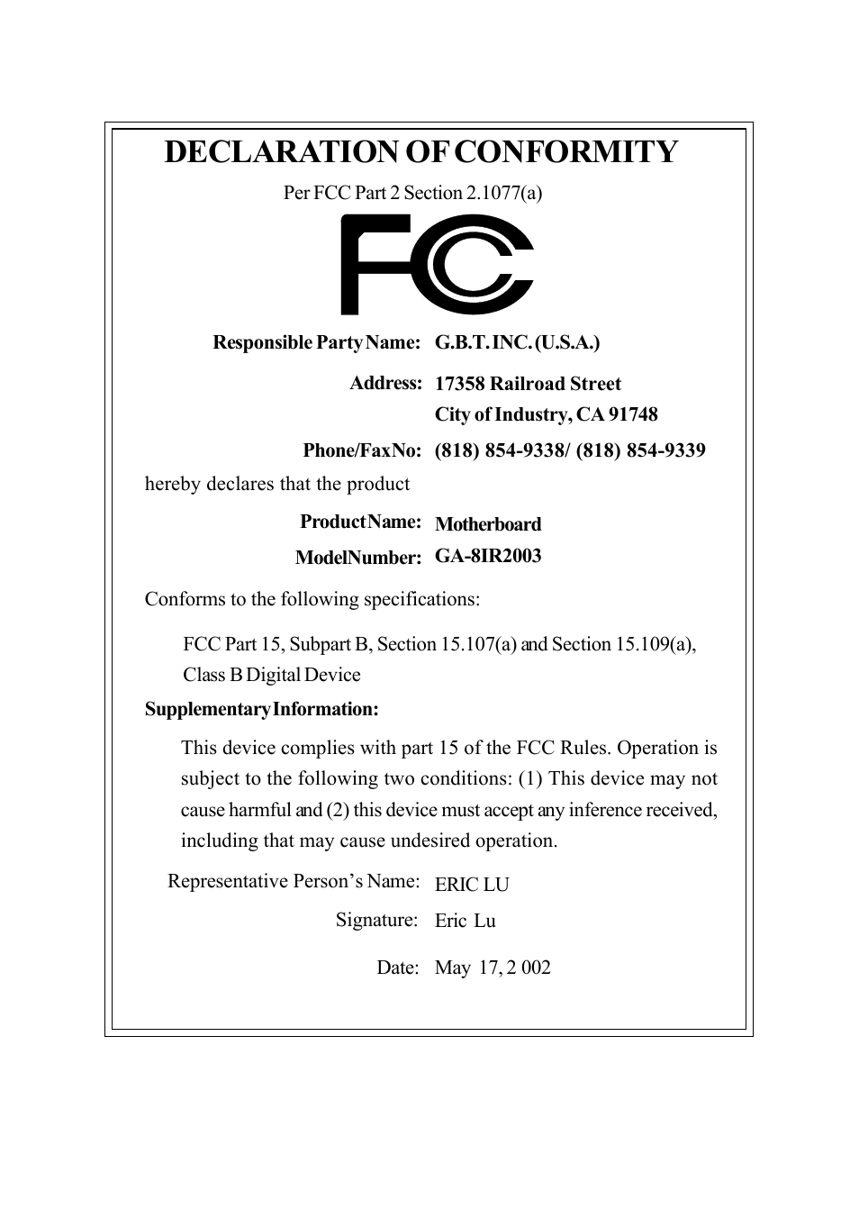 Declaration of conformity | GIGABYTE GA-8IR2003 User Manual | Page 4 / 96