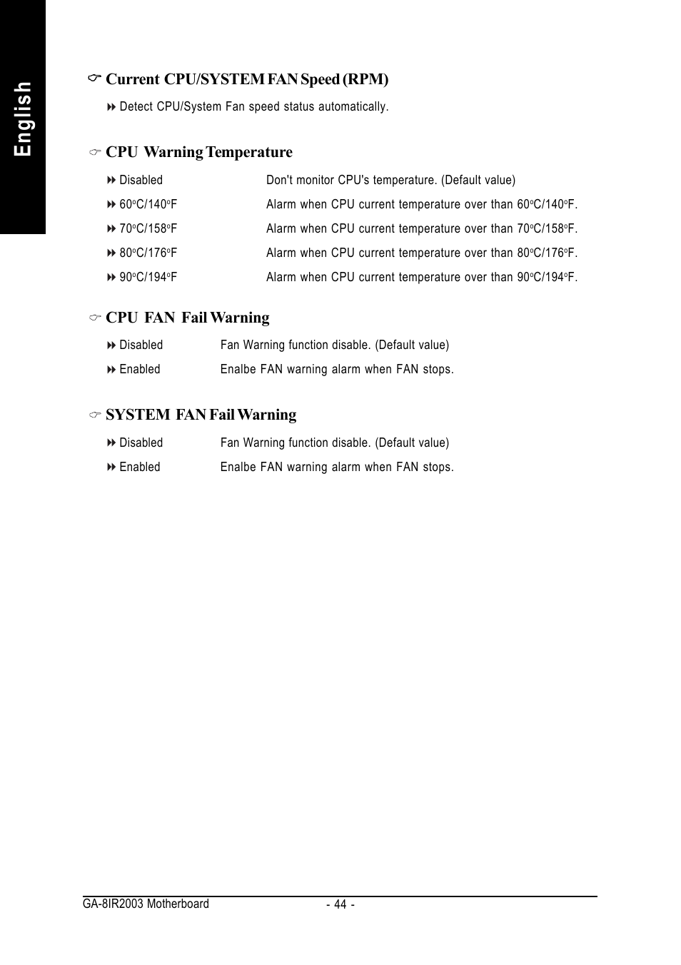 English, Current cpu/system fan speed (rpm), Cpu warning temperature | Cpu fan fail warning, System fan fail warning | GIGABYTE GA-8IR2003 User Manual | Page 48 / 96