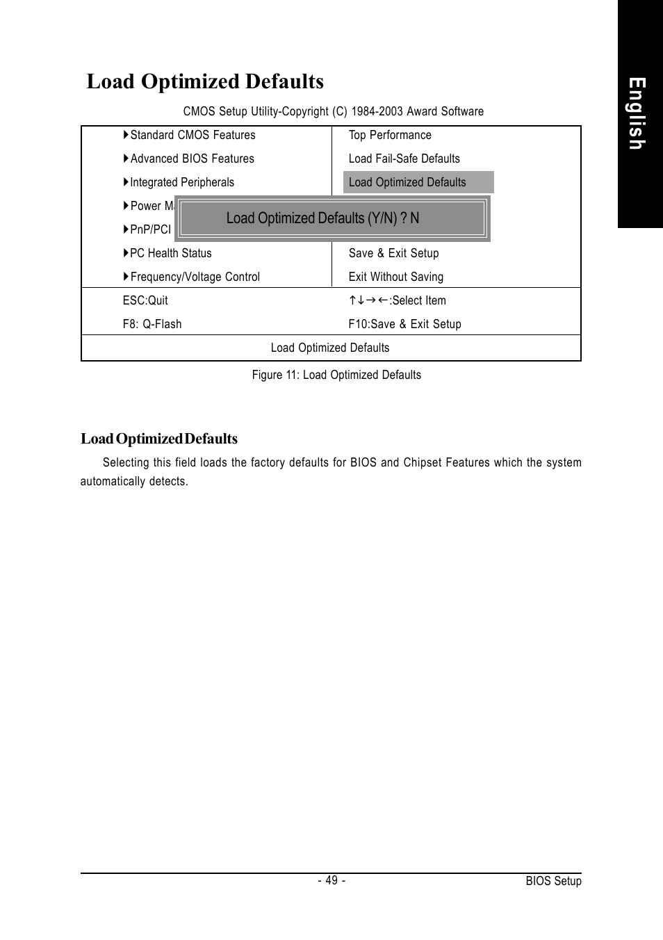 English, Load optimized defaults | GIGABYTE GA-8IR2003 User Manual | Page 53 / 96