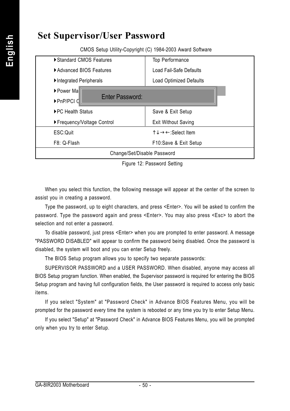 English set supervisor/user password | GIGABYTE GA-8IR2003 User Manual | Page 54 / 96