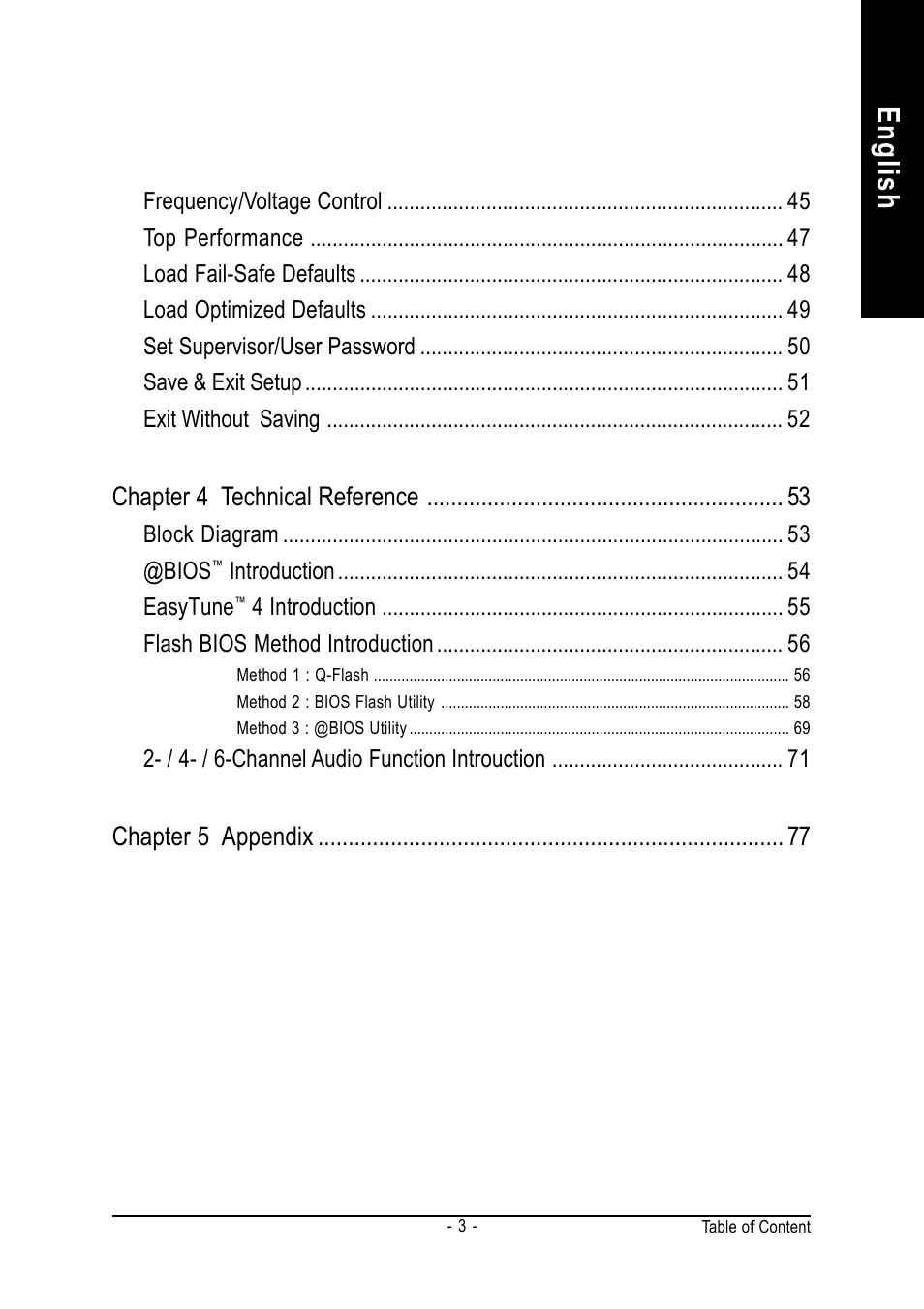 English, Chapter 4 technical reference, Chapter 5 appendix | GIGABYTE GA-8IR2003 User Manual | Page 7 / 96