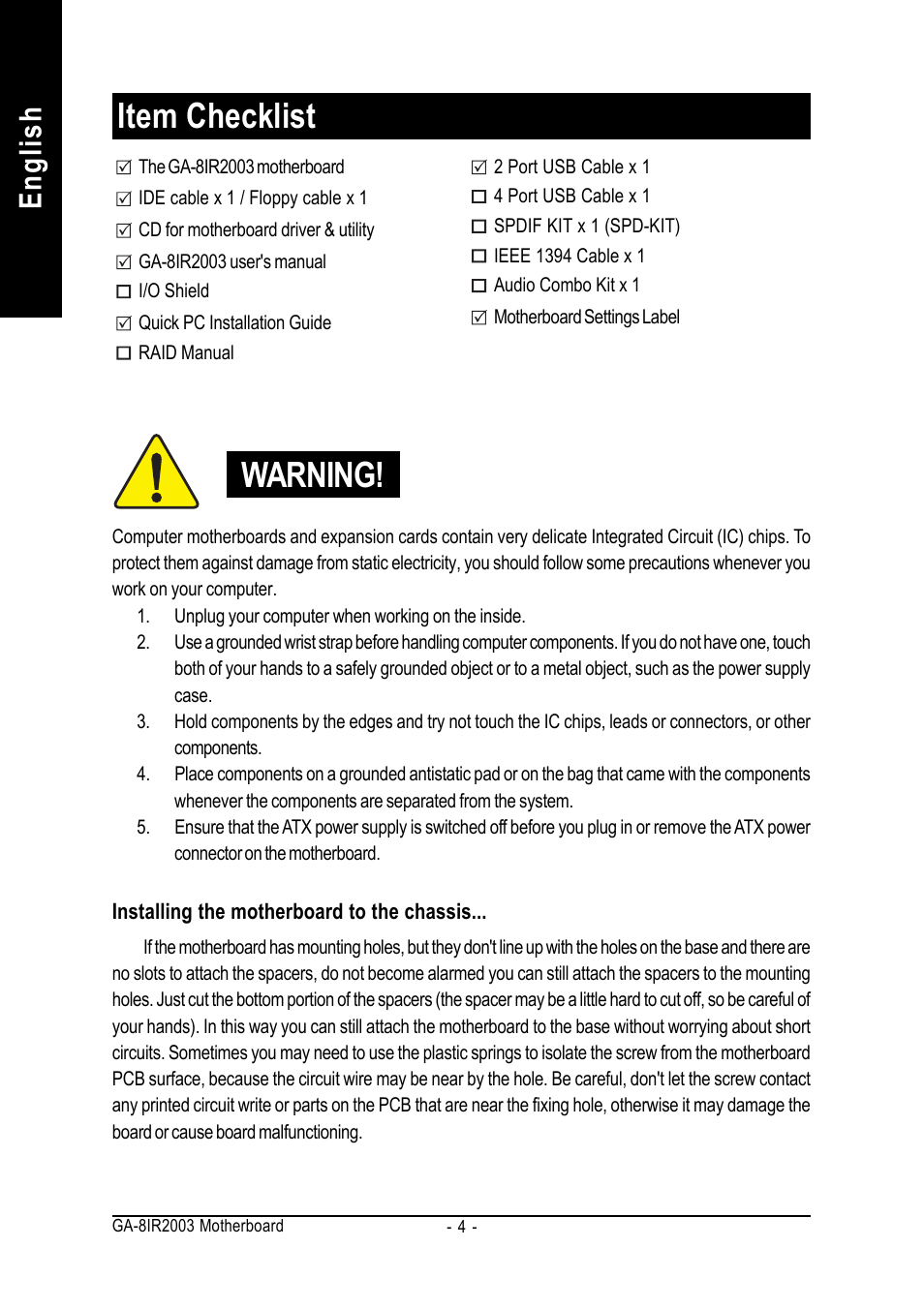 Item checklist, Warning, English | GIGABYTE GA-8IR2003 User Manual | Page 8 / 96