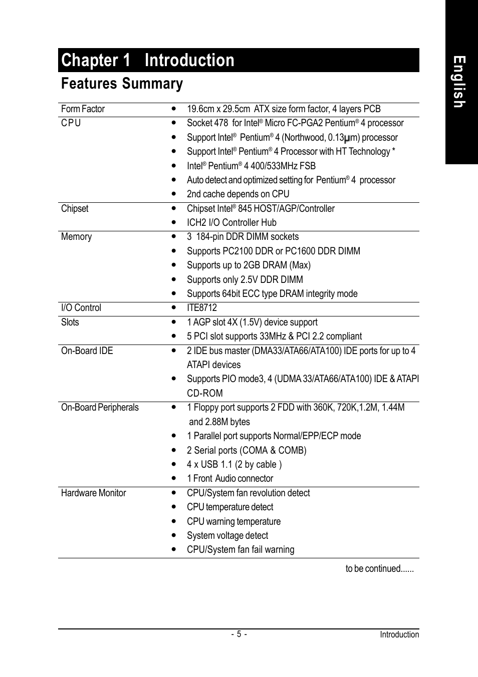 Chapter 1 introduction, English, Features summary | GIGABYTE GA-8IR2003 User Manual | Page 9 / 96
