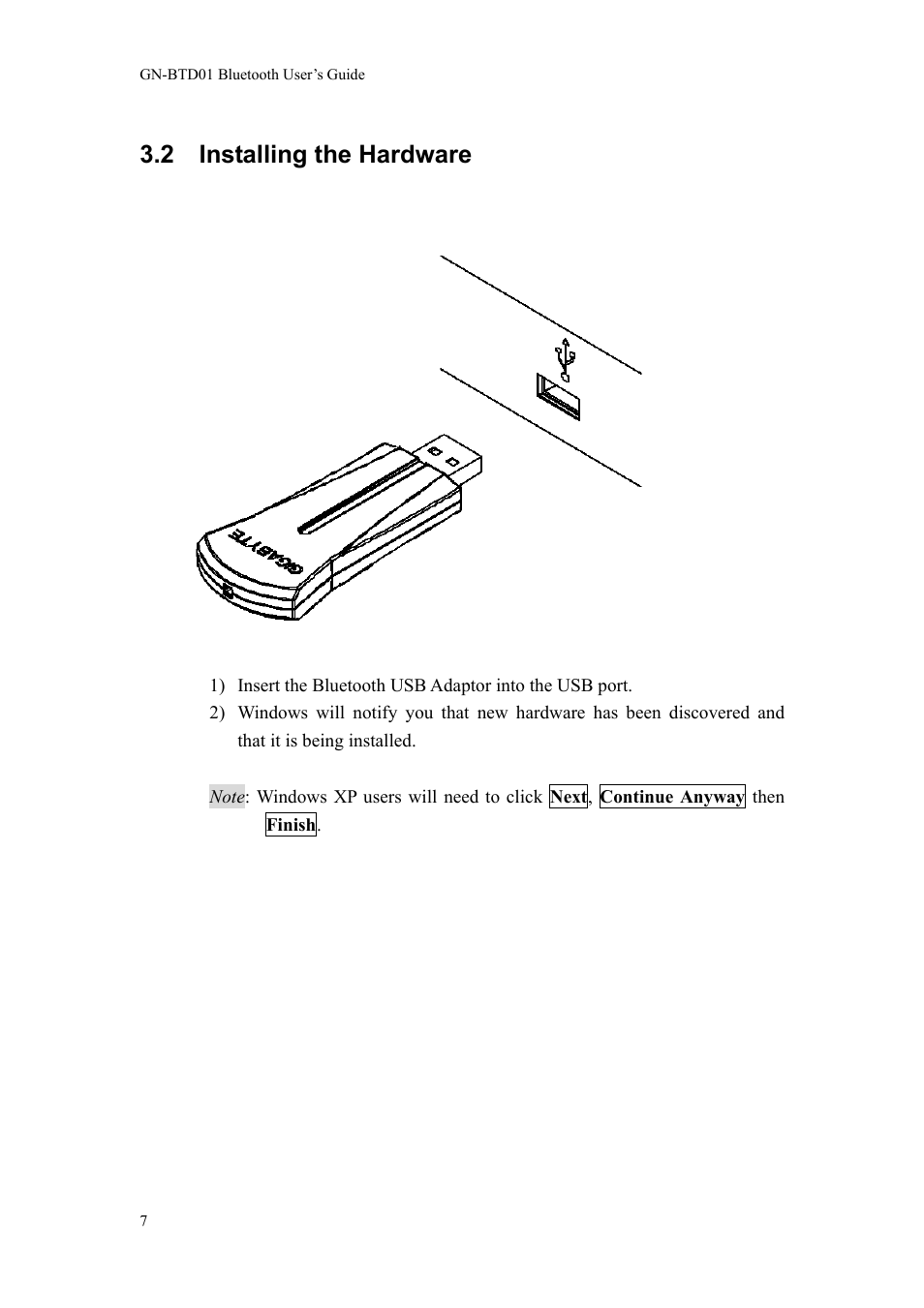 2 installing the hardware 7, 2 installing the hardware | GIGABYTE GN-BTD01 User Manual | Page 10 / 28