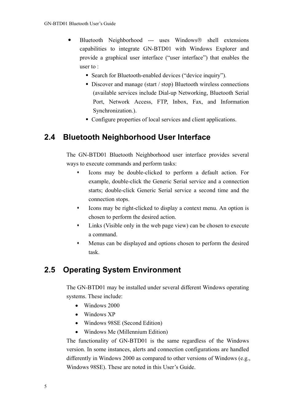 4 bluetooth neighborhood user interface, 5 operating system environment | GIGABYTE GN-BTD01 User Manual | Page 8 / 28