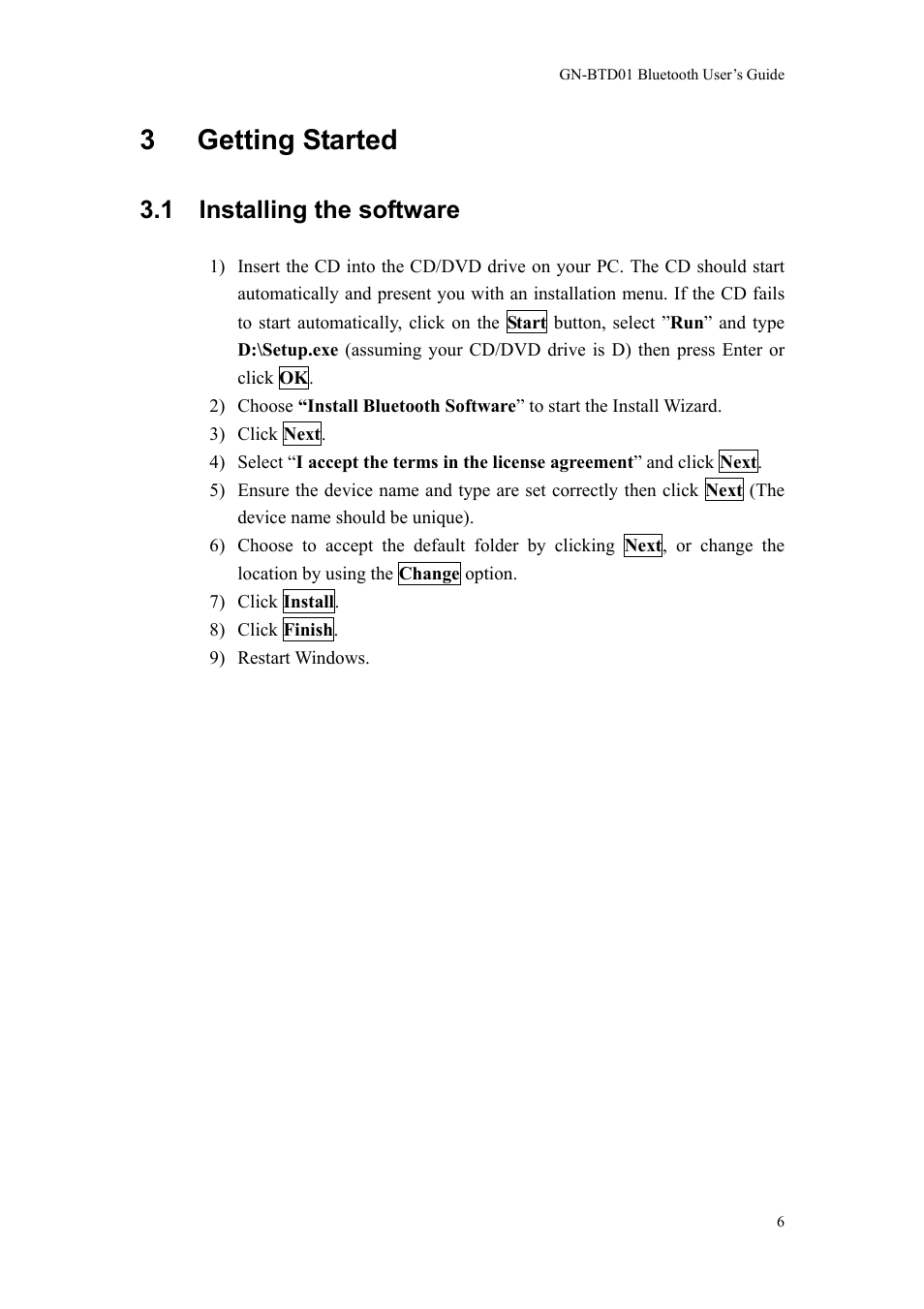 3 getting started, 1 installing the software 6, 1 installing the software | GIGABYTE GN-BTD01 User Manual | Page 9 / 28