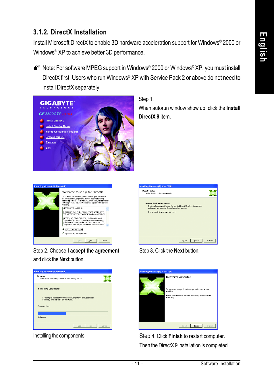 English, Directx installation | GIGABYTE GeForceTM 8800 GTS Graphics Accelerator GV-NX88S640H-RH User Manual | Page 11 / 34