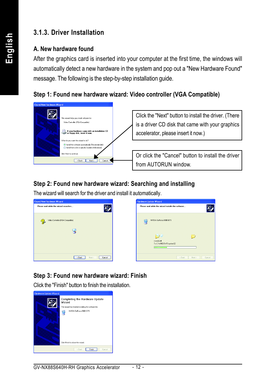 English | GIGABYTE GeForceTM 8800 GTS Graphics Accelerator GV-NX88S640H-RH User Manual | Page 12 / 34