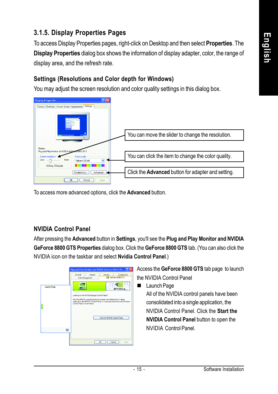English | GIGABYTE GeForceTM 8800 GTS Graphics Accelerator GV-NX88S640H-RH User Manual | Page 15 / 34