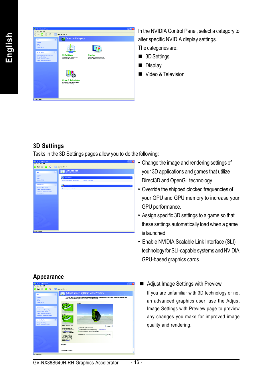 English | GIGABYTE GeForceTM 8800 GTS Graphics Accelerator GV-NX88S640H-RH User Manual | Page 16 / 34