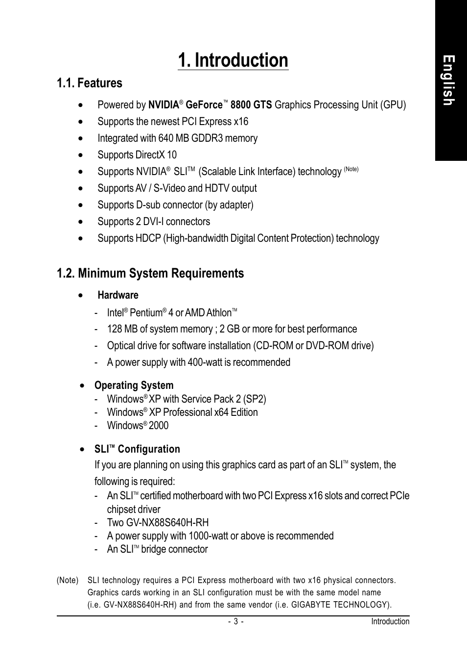 Introduction, English, Features | Minimum system requirements | GIGABYTE GeForceTM 8800 GTS Graphics Accelerator GV-NX88S640H-RH User Manual | Page 3 / 34