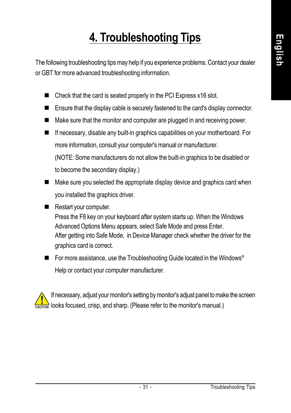 Troubleshooting tips, English | GIGABYTE GeForceTM 8800 GTS Graphics Accelerator GV-NX88S640H-RH User Manual | Page 31 / 34