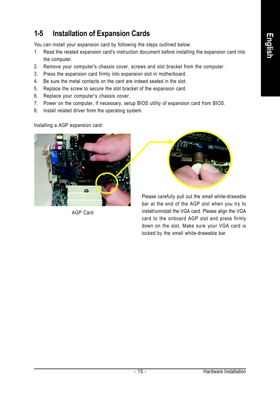 English, 5 installation of expansion cards | GIGABYTE GA-8I845GE775-G User Manual | Page 15 / 72